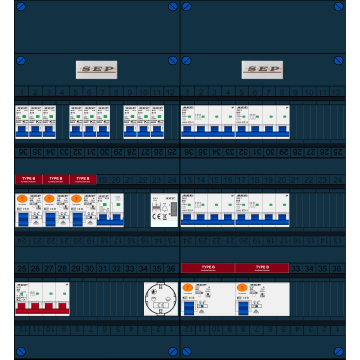 Schotman Elektro B.V. - SEP FS40A, 1xHoofdschakelaar, 5xAardlekschakelaar-Type B, 9xInstallatieautomaat, 1xFornuisgroep, 4xKrachtgroep, 1xBeltrafo, 1xContactdoos, 3 Fase