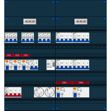 Schotman Elektro B.V. - SEP FS40A, 1xHoofdschakelaar, 5xAardlekschakelaar-Type B, 9xInstallatieautomaat, 1xFornuisgroep, 4xKrachtgroep, 1xBeltrafo, 2xContactdoos, 3 Fase