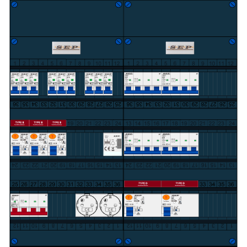 Schotman Elektro B.V. - SEP FS40A, 1xHoofdschakelaar, 5xAardlekschakelaar-Type B, 9xInstallatieautomaat, 4xKrachtgroep, 1xBeltrafo, 2xContactdoos, 3 Fase