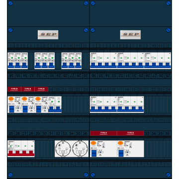 Schotman Elektro B.V. - SEP FS40A, 1xHoofdschakelaar, 5xAardlekschakelaar-Type B, 9xInstallatieautomaat, 1xFornuisgroep, 5xKrachtgroep, 2xContactdoos, 3 Fase