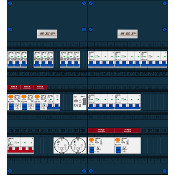 Schotman Elektro B.V. - SEP FS40A, 1xHoofdschakelaar, 5xAardlekschakelaar-Type B, 9xInstallatieautomaat, 1xFornuisgroep, 5xKrachtgroep, 1xBeltrafo, 2xContactdoos, 3 Fase