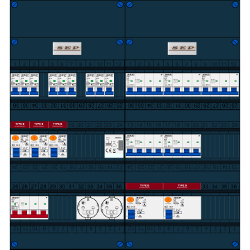Schotman Elektro B.V. - SEP FS40A, 1xHoofdschakelaar, 5xAardlekschakelaar-Type B, 9xInstallatieautomaat, 5xKrachtgroep, 1xBeltrafo, 2xContactdoos, 3 Fase