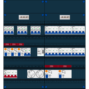 Schotman Elektro B.V. - SEP FS40A, 1xHoofdschakelaar, 5xAardlekschakelaar-Type B, 9xInstallatieautomaat, 1xFornuisgroep, 6xKrachtgroep, 1xBeltrafo, 2xContactdoos, 3 Fase