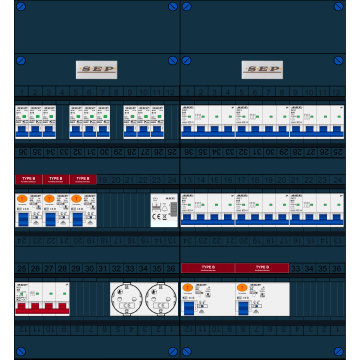 Schotman Elektro B.V. - SEP FS40A, 1xHoofdschakelaar, 5xAardlekschakelaar-Type B, 9xInstallatieautomaat, 6xKrachtgroep, 1xBeltrafo, 2xContactdoos, 3 Fase