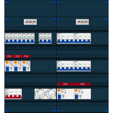 Schotman Elektro B.V. - SEP FS40A, 1xHoofdschakelaar, 5xAardlekschakelaar-Type B, 10xInstallatieautomaat, 4xKrachtgroep, 2xContactdoos, 3 Fase