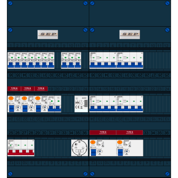 Schotman Elektro B.V. - SEP FS40A, 1xHoofdschakelaar, 5xAardlekschakelaar-Type B, 10xInstallatieautomaat, 1xFornuisgroep, 4xKrachtgroep, 1xBeltrafo, 1xContactdoos, 3 Fase