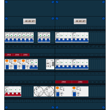 Schotman Elektro B.V. - SEP FS40A, 1xHoofdschakelaar, 5xAardlekschakelaar-Type B, 10xInstallatieautomaat, 1xFornuisgroep, 4xKrachtgroep, 1xBeltrafo, 2xContactdoos, 3 Fase