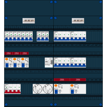 Schotman Elektro B.V. - SEP FS40A, 1xHoofdschakelaar, 5xAardlekschakelaar-Type B, 10xInstallatieautomaat, 4xKrachtgroep, 1xBeltrafo, 2xContactdoos, 3 Fase