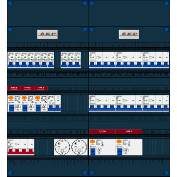 Schotman Elektro B.V. - SEP FS40A, 1xHoofdschakelaar, 5xAardlekschakelaar-Type B, 10xInstallatieautomaat, 1xFornuisgroep, 6xKrachtgroep, 2xContactdoos, 3 Fase