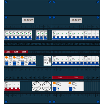 Schotman Elektro B.V. - SEP FS40A, 1xHoofdschakelaar, 5xAardlekschakelaar-Type B, 10xInstallatieautomaat, 1xFornuisgroep, 6xKrachtgroep, 1xBeltrafo, 2xContactdoos, 3 Fase