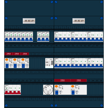 Schotman Elektro B.V. - SEP FS40A, 1xHoofdschakelaar, 5xAardlekschakelaar-Type B, 10xInstallatieautomaat, 6xKrachtgroep, 1xBeltrafo, 1xContactdoos, 3 Fase