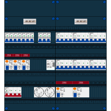 Schotman Elektro B.V. - SEP FS40A, 1xHoofdschakelaar, 5xAardlekschakelaar-Type B, 10xInstallatieautomaat, 6xKrachtgroep, 1xBeltrafo, 2xContactdoos, 3 Fase