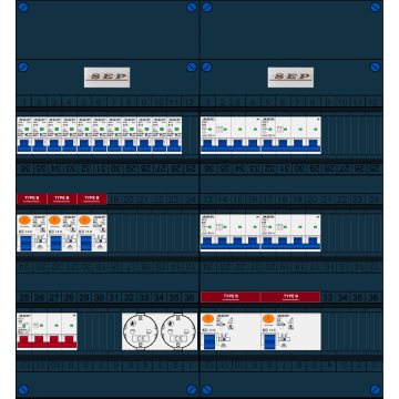 Schotman Elektro B.V. - SEP FS40A, 1xHoofdschakelaar, 5xAardlekschakelaar-Type B, 11xInstallatieautomaat, 4xKrachtgroep, 2xContactdoos, 3 Fase