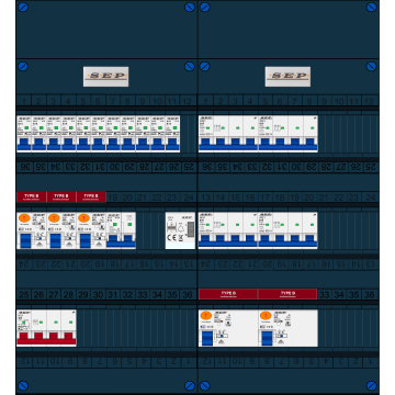 Schotman Elektro B.V. - SEP FS40A, 1xHoofdschakelaar, 5xAardlekschakelaar-Type B, 11xInstallatieautomaat, 1xFornuisgroep, 4xKrachtgroep, 1xBeltrafo, 3 Fase