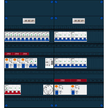 Schotman Elektro B.V. - SEP FS40A, 1xHoofdschakelaar, 5xAardlekschakelaar-Type B, 11xInstallatieautomaat, 1xFornuisgroep, 4xKrachtgroep, 1xBeltrafo, 1xContactdoos, 3 Fase