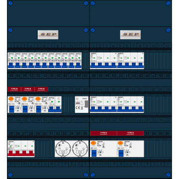 Schotman Elektro B.V. - SEP FS40A, 1xHoofdschakelaar, 5xAardlekschakelaar-Type B, 11xInstallatieautomaat, 1xFornuisgroep, 4xKrachtgroep, 1xBeltrafo, 2xContactdoos, 3 Fase