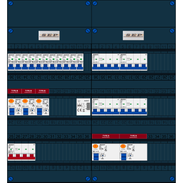Schotman Elektro B.V. - SEP FS40A, 1xHoofdschakelaar, 5xAardlekschakelaar-Type B, 11xInstallatieautomaat, 4xKrachtgroep, 1xBeltrafo, 3 Fase