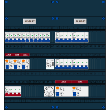 Schotman Elektro B.V. - SEP FS40A, 1xHoofdschakelaar, 5xAardlekschakelaar-Type B, 11xInstallatieautomaat, 4xKrachtgroep, 1xBeltrafo, 1xContactdoos, 3 Fase