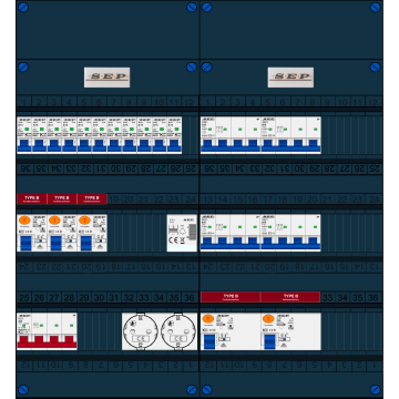 Schotman Elektro B.V. - SEP FS40A, 1xHoofdschakelaar, 5xAardlekschakelaar-Type B, 11xInstallatieautomaat, 4xKrachtgroep, 1xBeltrafo, 2xContactdoos, 3 Fase