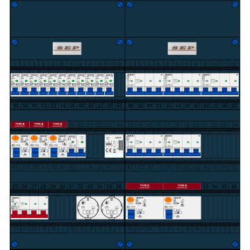 Schotman Elektro B.V. - SEP FS40A, 1xHoofdschakelaar, 5xAardlekschakelaar-Type B, 11xInstallatieautomaat, 1xFornuisgroep, 5xKrachtgroep, 1xBeltrafo, 2xContactdoos, 3 Fase