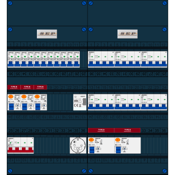 Schotman Elektro B.V. - SEP FS40A, 1xHoofdschakelaar, 5xAardlekschakelaar-Type B, 11xInstallatieautomaat, 6xKrachtgroep, 1xBeltrafo, 1xContactdoos, 3 Fase