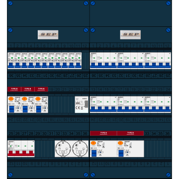 Schotman Elektro B.V. - SEP FS40A, 1xHoofdschakelaar, 5xAardlekschakelaar-Type B, 11xInstallatieautomaat, 6xKrachtgroep, 1xBeltrafo, 2xContactdoos, 3 Fase