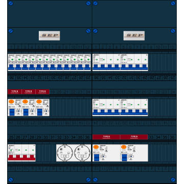 Schotman Elektro B.V. - SEP FS40A, 1xHoofdschakelaar, 5xAardlekschakelaar-Type B, 12xInstallatieautomaat, 4xKrachtgroep, 2xContactdoos, 3 Fase