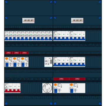 Schotman Elektro B.V. - SEP FS40A, 1xHoofdschakelaar, 5xAardlekschakelaar-Type B, 12xInstallatieautomaat, 4xKrachtgroep, 1xBeltrafo, 1xContactdoos, 3 Fase