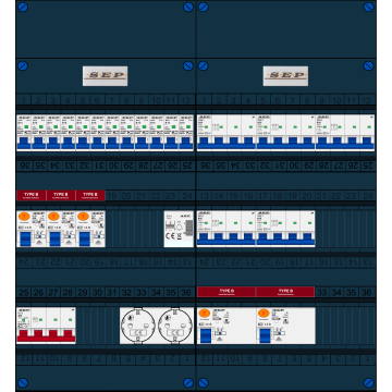 Schotman Elektro B.V. - SEP FS40A, 1xHoofdschakelaar, 5xAardlekschakelaar-Type B, 12xInstallatieautomaat, 5xKrachtgroep, 1xBeltrafo, 2xContactdoos, 3 Fase