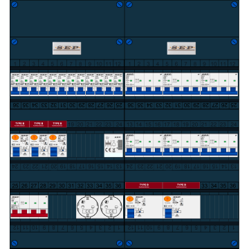 Schotman Elektro B.V. - SEP FS40A, 1xHoofdschakelaar, 5xAardlekschakelaar-Type B, 12xInstallatieautomaat, 6xKrachtgroep, 1xBeltrafo, 2xContactdoos, 3 Fase