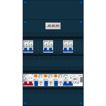 Schotman Elektro B.V. - SEP FS63A, 1xHoofdschakelaar, 3xAardlekschakelaar, 6xInstallatieautomaat, 1xFornuisgroep, 1xBeltrafo, 1 Fase