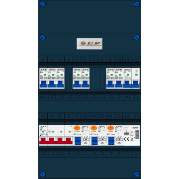 Schotman Elektro B.V. - SEP FS63A, 1xHoofdschakelaar, 3xAardlekschakelaar, 7xInstallatieautomaat, 1xFornuisgroep, 1xBeltrafo, 3 Fase