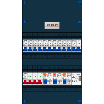 Schotman Elektro B.V. - SEP FS63A, 1xHoofdschakelaar, 3xAardlekschakelaar, 10xInstallatieautomaat, 1xFornuisgroep, 1xBeltrafo, 3 Fase
