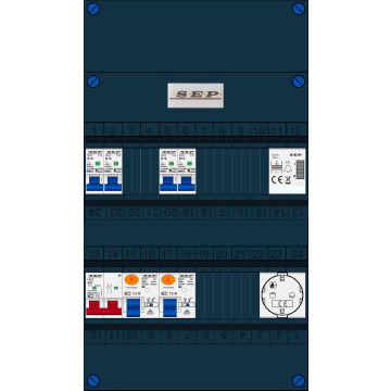 Schotman Elektro B.V. - SEP FS63A, 1xHoofdschakelaar, 2xAardlekschakelaar, 4xInstallatieautomaat, 1xBeltrafo, 1xContactdoos, 1 fase