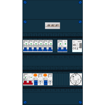 Schotman Elektro B.V. - SEP FS63A, 1xHoofdschakelaar, 2xAardlekschakelaar, 6xInstallatieautomaat, 1x Fornuisgroep, 1xBeltrafo,1xContactdoos, 1 Fase