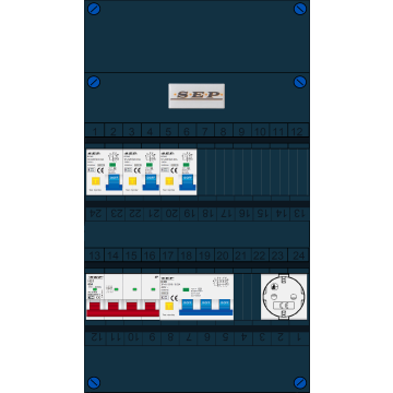 Schotman Elektro B.V. - SEP FS63A, 1xHoofdschakelaar, 3xAardlekautomaat, 1xKracht aardlekautomaat, 1xContactdoos, 3 Fase