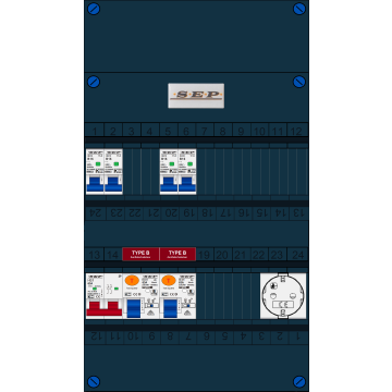 Schotman Elektro B.V. - SEP FS63A, 1xHoofdschakelaar, 2xAardlekschakelaar-Type B, 4xInstallatieautomaat, 1xContactdoos, 1 Fase