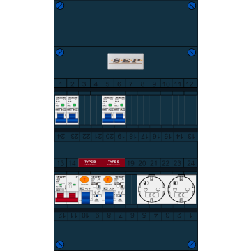 Schotman Elektro B.V. - SEP FS63A, 1xHoofdschakelaar, 2xAardlekschakelaar-Type B, 4xInstallatieautomaat, 2xContactdoos, 1 Fase
