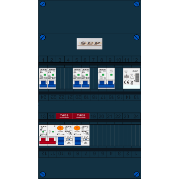 Schotman Elektro B.V. - SEP FS63A, 1xHoofdschakelaar, 2xAardlekschakelaar-Type B, 4xInstallatieautomaat, 1xFornuisgroep, 1xBeltrafo, 1 Fase