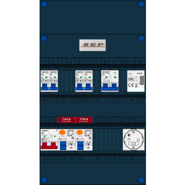 Schotman Elektro B.V. - SEP FS63A, 1xHoofdschakelaar, 2xAardlekschakelaar-Type B, 4xInstallatieautomaat, 1xFornuisgroep, 1xBeltrafo, 1xContactdoos, 1 Fase