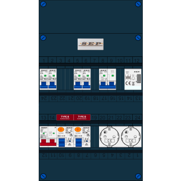 Schotman Elektro B.V. - SEP FS63A, 1xHoofdschakelaar, 2xAardlekschakelaar-Type B, 4xInstallatieautomaat, 1xFornuisgroep, 1xBeltrafo, 2xContactdoos, 1 Fase