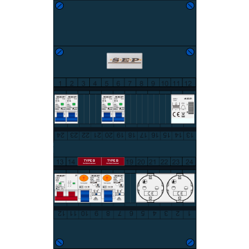 Schotman Elektro B.V. - SEP FS63A, 1xHoofdschakelaar, 2xAardlekschakelaar-Type B, 4xInstallatieautomaat, 1xBeltrafo, 2xContactdoos, 1 Fase