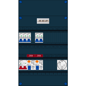 Schotman Elektro B.V. - SEP FS63A, 1xHoofdschakelaar, 2xAardlekschakelaar-Type B, 5xInstallatieautomaat, 1xContactdoos, 1 Fase