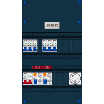 Schotman Elektro B.V. - SEP FS63A, 1xHoofdschakelaar, 2xAardlekschakelaar-Type B, 6xInstallatieautomaat, 1xContactdoos, 1 Fase