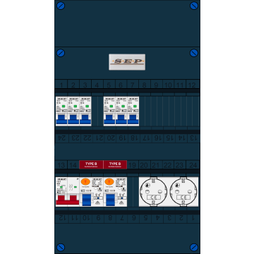 Schotman Elektro B.V. - SEP FS63A, 1xHoofdschakelaar, 2xAardlekschakelaar-Type B, 6xInstallatieautomaat, 2xContactdoos, 1 Fase
