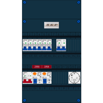 Schotman Elektro B.V. - SEP FS63A, 1xHoofdschakelaar, 2xAardlekschakelaar-Type B, 6xInstallatieautomaat, 1xFornuisgroep, 1xContactdoos, 1 Fase
