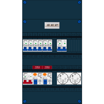 Schotman Elektro B.V. - SEP FS63A, 1xHoofdschakelaar, 2xAardlekschakelaar-Type B, 6xInstallatieautomaat, 1xFornuisgroep, 2xContactdoos, 1 Fase