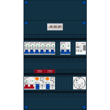 Schotman Elektro B.V. - SEP FS63A, 1xHoofdschakelaar, 2xAardlekschakelaar-Type B, 6xInstallatieautomaat, 1xFornuisgroep, 1xBeltrafo, 1xContactdoos, 1 Fase