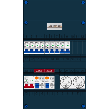 Schotman Elektro B.V. - SEP FS63A, 1xHoofdschakelaar, 2xAardlekschakelaar-Type B, 7xInstallatieautomaat, 1xFornuisgroep, 2xContactdoos, 1 Fase