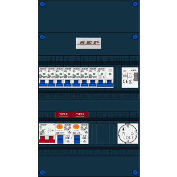 Schotman Elektro B.V. - SEP FS63A, 1xHoofdschakelaar, 2xAardlekschakelaar-Type B, 7xInstallatieautomaat, 1xFornuisgroep, 1xBeltrafo, 1xContactdoos, 1 Fase